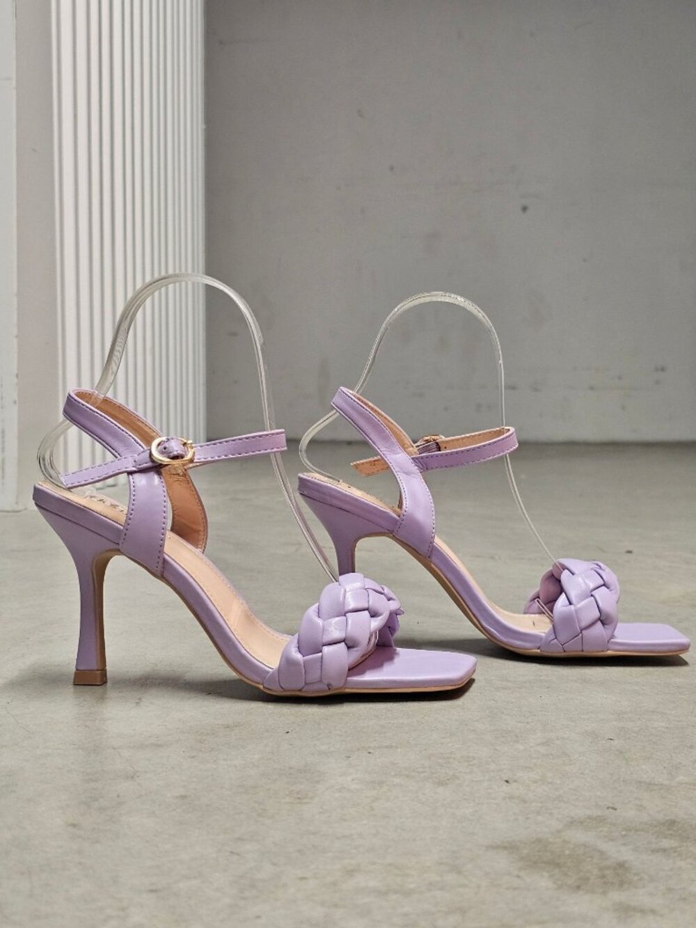 Braided Strap Purple High Heels With Ankle Strap & Square Toe Design